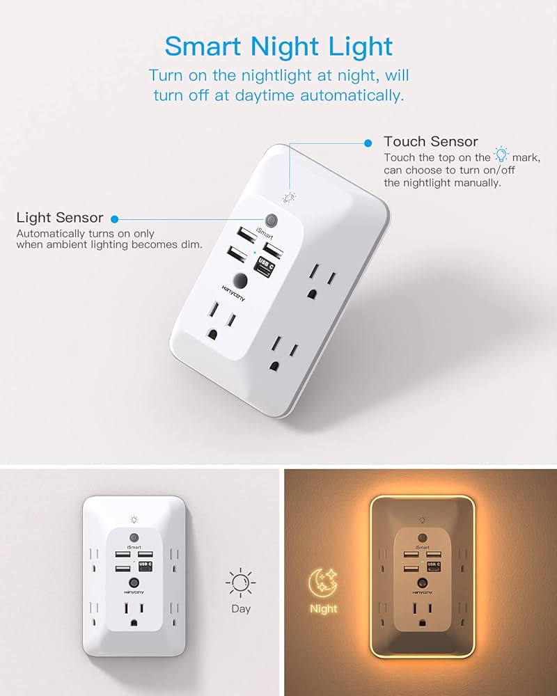 Power Outlet Extender , Outlets with 2 USB Ports & Night Light, 3-Sided Multi Plug Wall Outlet with Spaced Outlets