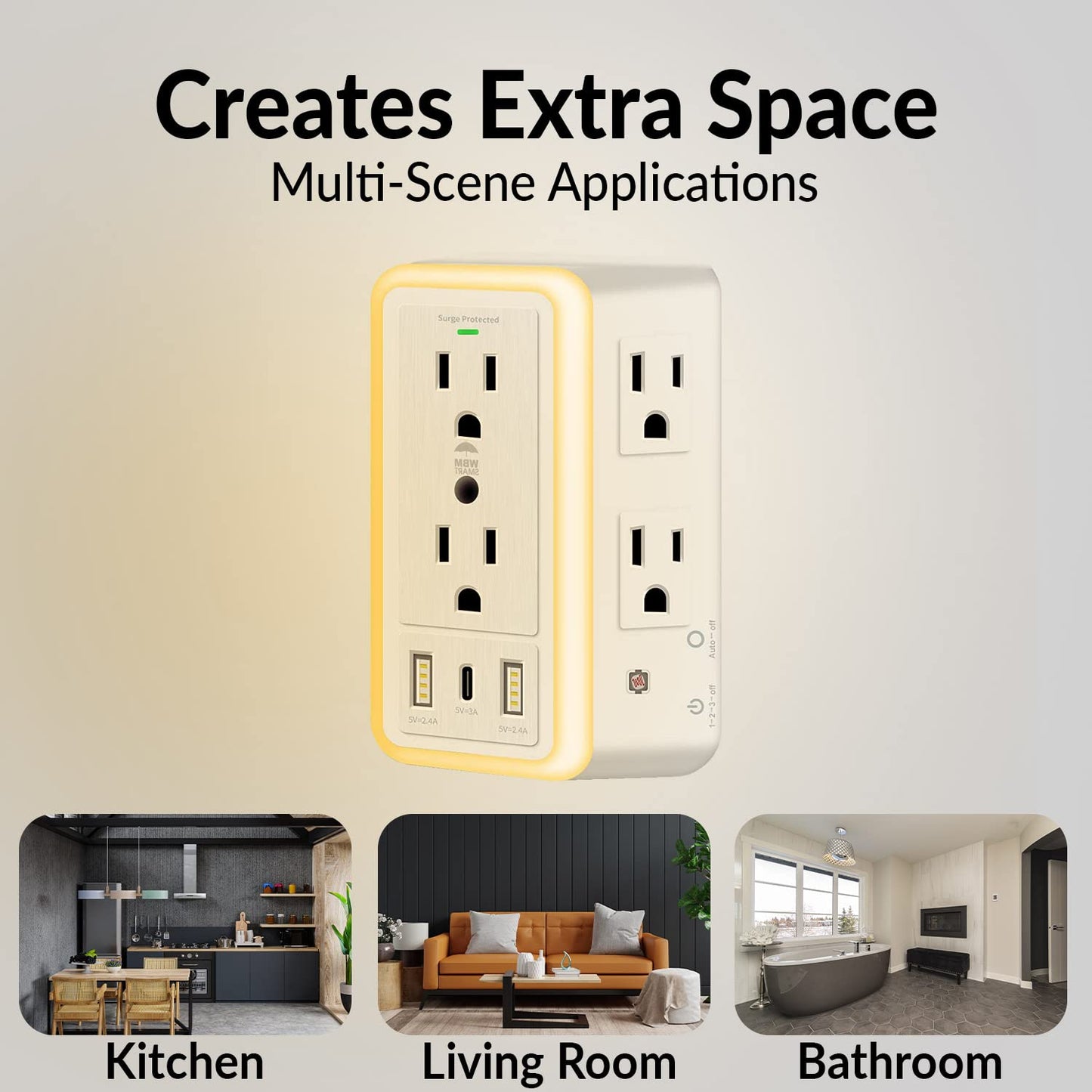 Power Outlet Extender , Outlets with 2 USB Ports & Night Light, 3-Sided Multi Plug Wall Outlet with Spaced Outlets