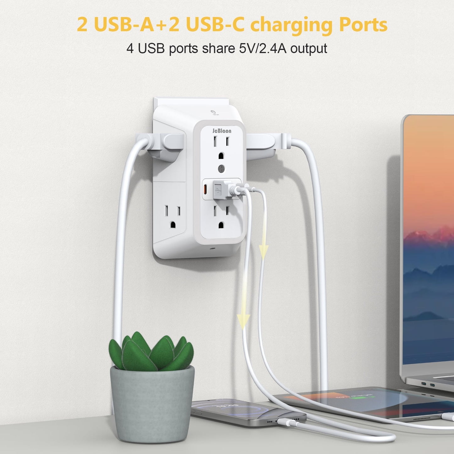 Power Outlet Extender , Outlets with 2 USB Ports & Night Light, 3-Sided Multi Plug Wall Outlet with Spaced Outlets