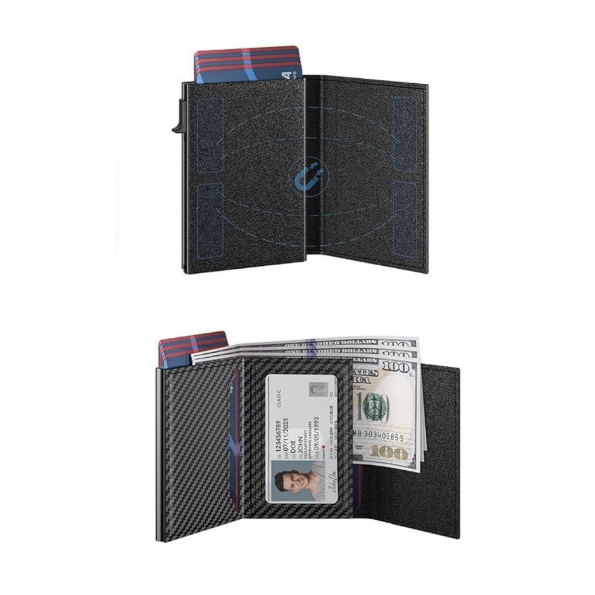 Wallet for Men, 8-10 Pocket RFID Card Case, Smart Quick Access Stand, Minimalist Trifold Leather Wallet, Money Clip