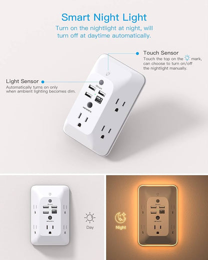 Power Outlet Extender , Outlets with 2 USB Ports & Night Light, 3-Sided Multi Plug Wall Outlet with Spaced Outlets