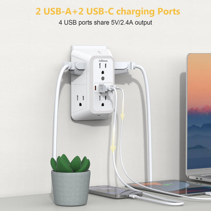 Power Outlet Extender , Outlets with 2 USB Ports & Night Light, 3-Sided Multi Plug Wall Outlet with Spaced Outlets